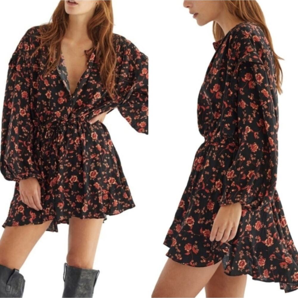 Free People Flower Fields Mini Dress Black Red Orange Floral Print Tunic S